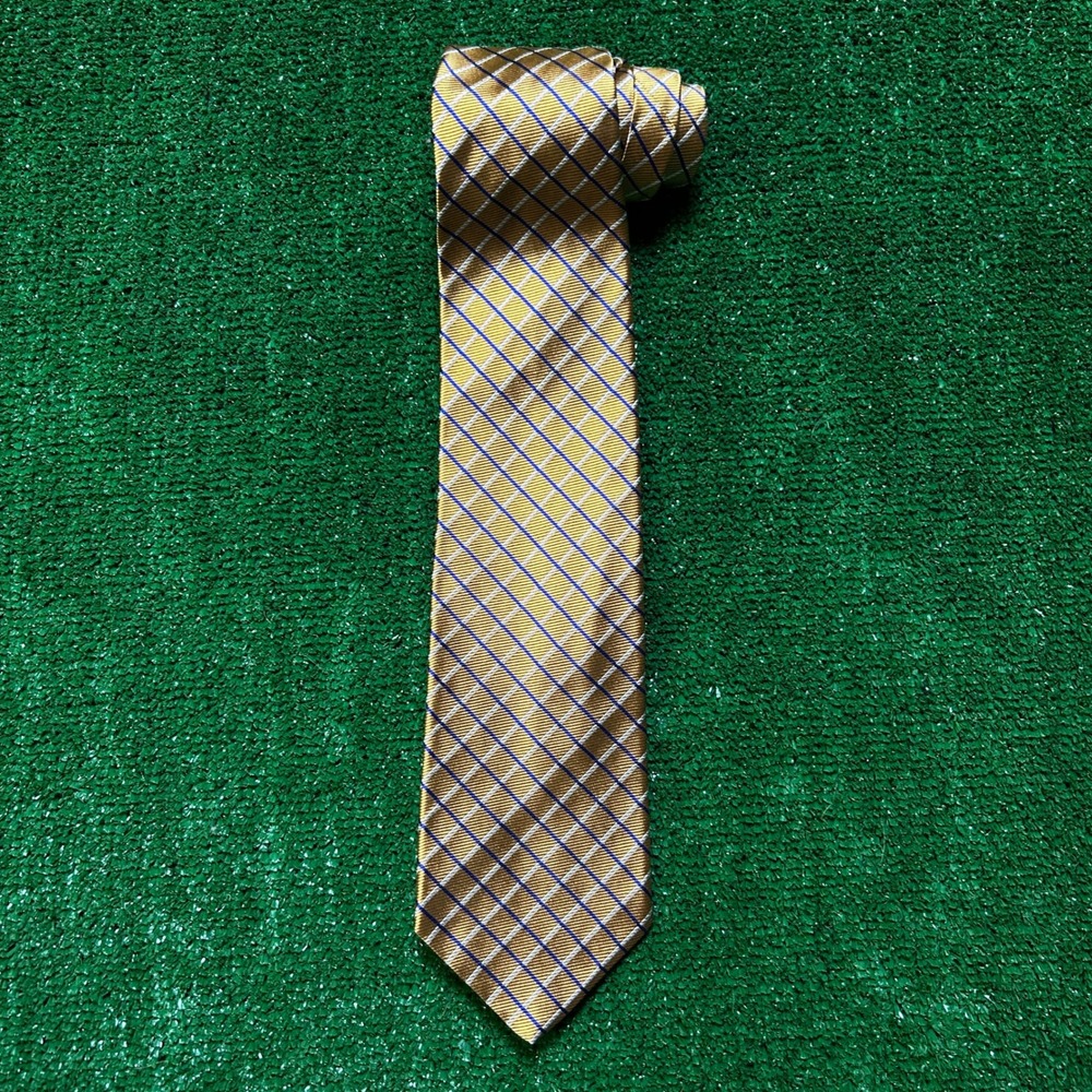 Brooks Brothers Makers Silk Tie Gold Navy Geometric Lattice Grid Made In USA - Picture 6 of 8